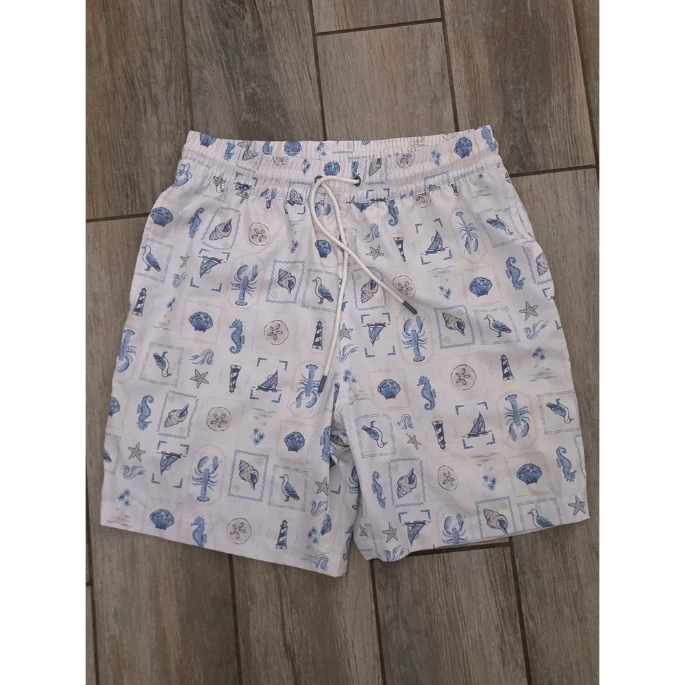 C&C California Mens Swim Trunks Medium Nautical Lobster Shell Print Blue White